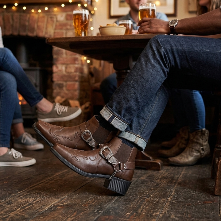 Authentic men's ankle cowboy boots, pull-on with buckle strap & pointed toe. Versatile western style men's footwear.