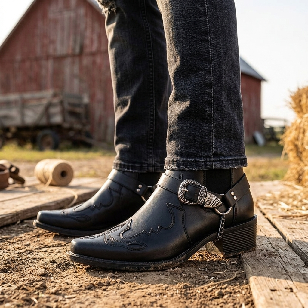 Stylish men's ankle cowboy boots, pull-on design with buckle & pointed toe. Perfect for casual western wear.