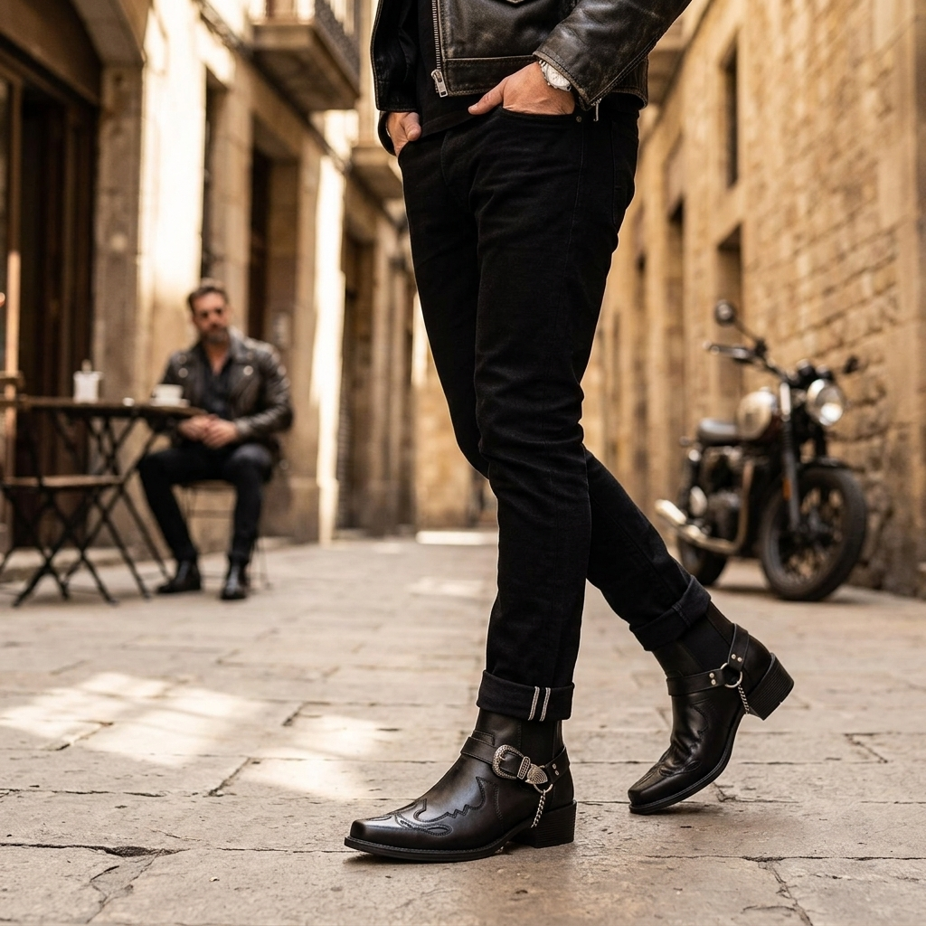 Classic men's ankle cowboy boots featuring a prominent buckle strap and sharp pointed toe. Essential footwear.
