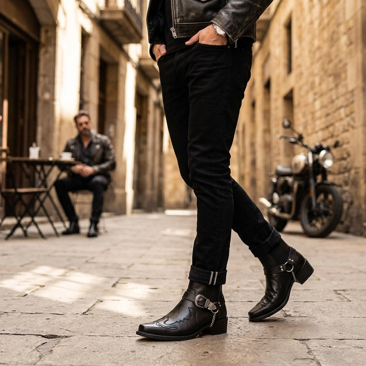 Classic men's ankle cowboy boots featuring a prominent buckle strap and sharp pointed toe. Essential footwear.