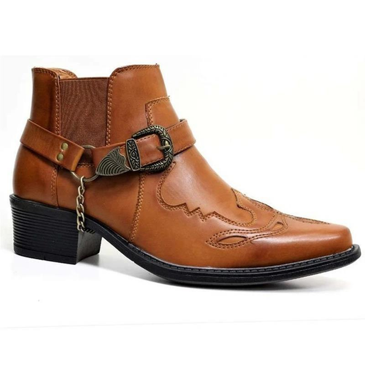 Western style men's ankle boots, pull-on with buckle & pointed toe. Ideal for all-season men's fashion & casual wear.