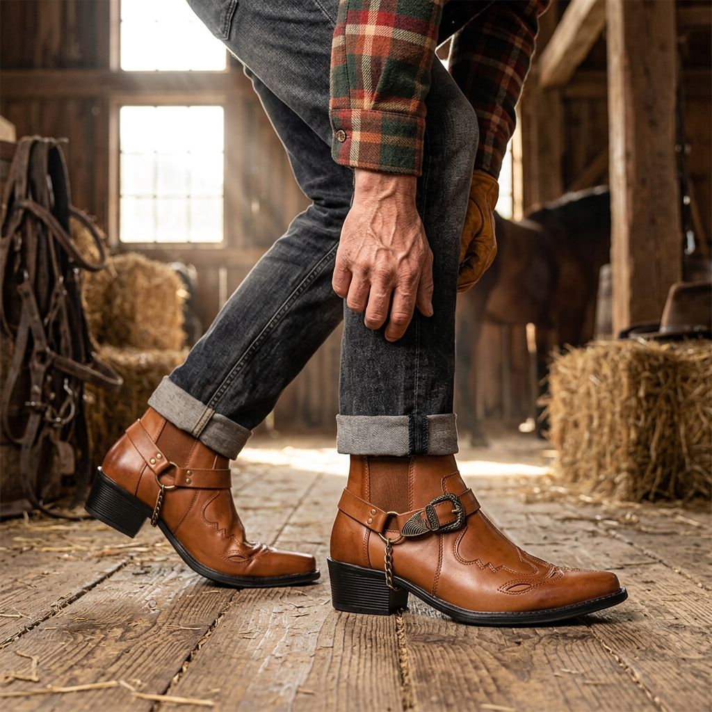 Durable men's ankle cowboy boots, easy pull-on, with a decorative buckle & classic pointed toe. Versatile men's footwear.