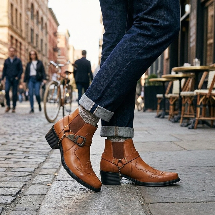 Men's western ankle boots; pull-on design, pointed toe & stylish buckle strap. Essential men's fashion & casual boots.