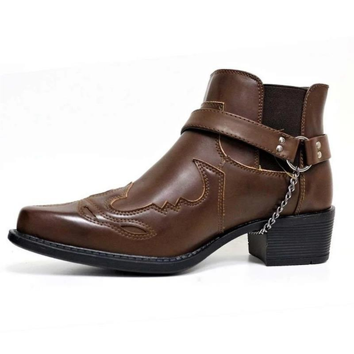 Men's ankle cowboy boots: pointed toe, buckle strap. Casual pull-on western style footwear for men, all season.