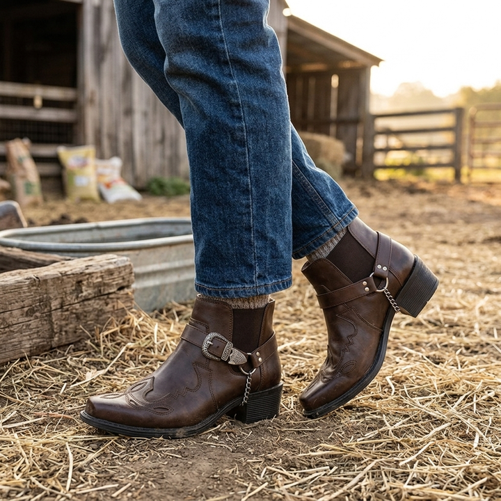 Elegant men's ankle cowboy boots, pull-on design with a pointed toe & striking buckle for timeless western fashion.