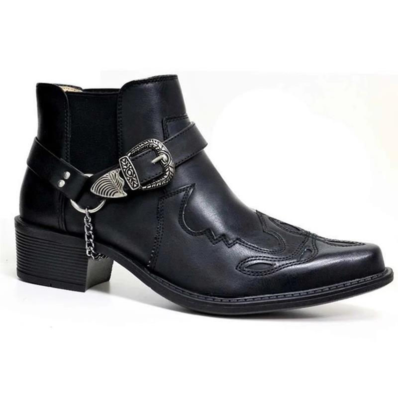 Men's ankle cowboy boots with buckle strap & pointed toe for authentic western style footwear.