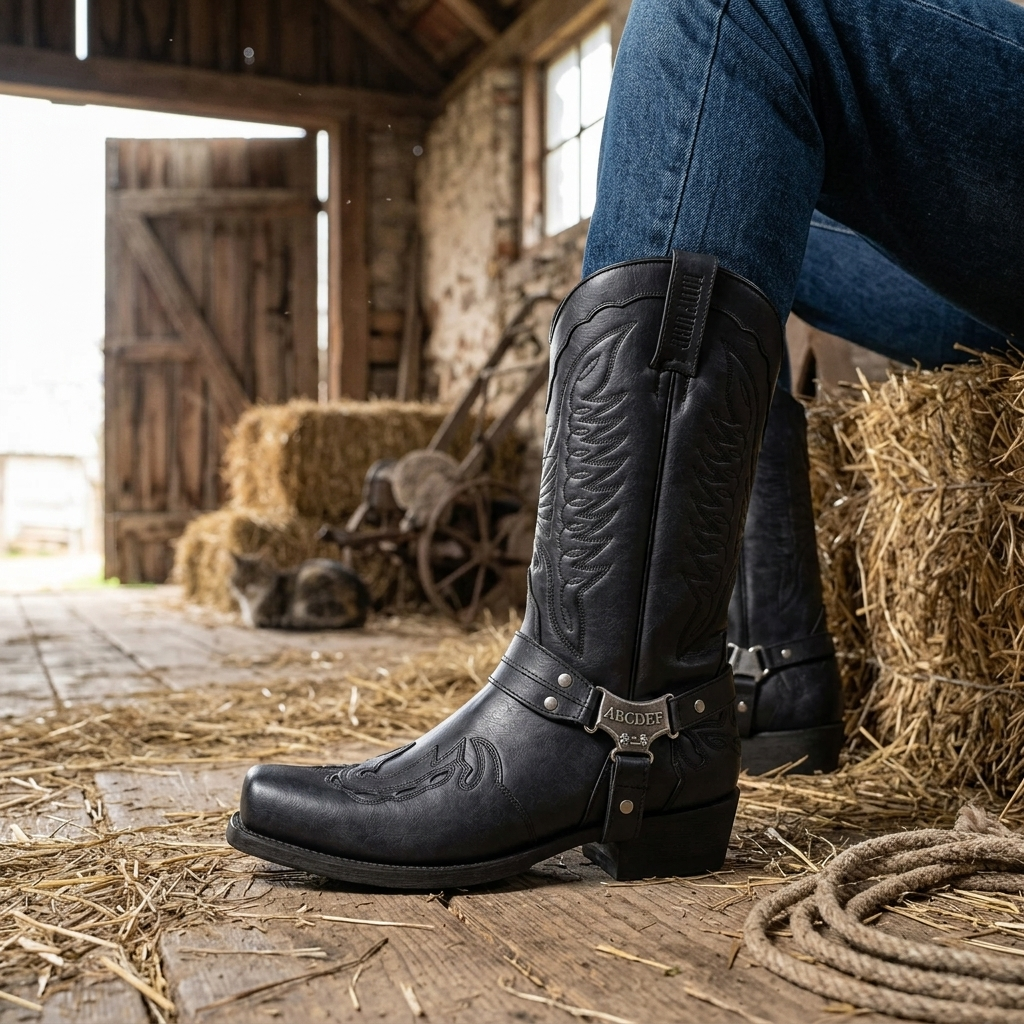 Timeless men's pull-on square toe boots with a stylish harness, perfect for casual or western fashion.