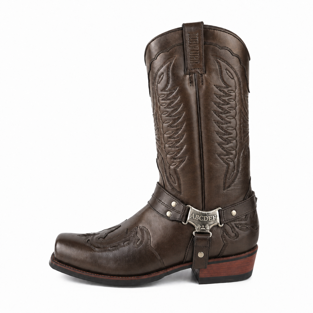 Fashion-forward men's square toe harness boots, classic cowboy style, ideal for modern rustic outfits.
