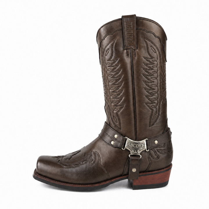 Fashion-forward men's square toe harness boots, classic cowboy style, ideal for modern rustic outfits.