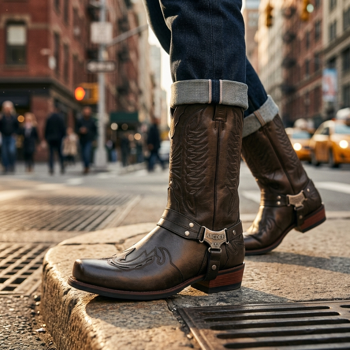Authentic men's western square toe boots, showcasing classic cowboy design with an eye-catching harness.
