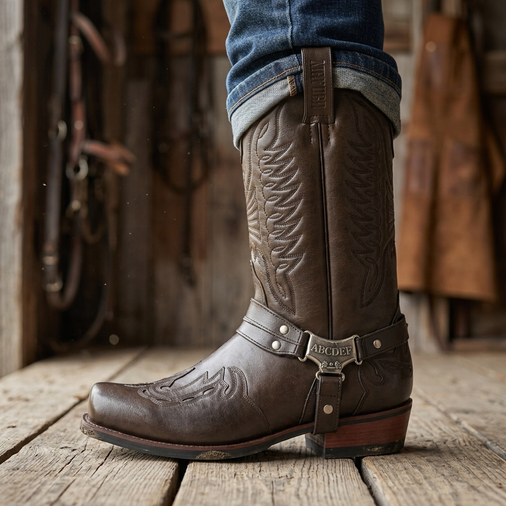 Comfortable men's square toe casual boots, pull-on design with a stylish harness, great for daily wear.