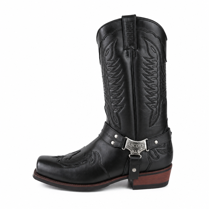Men's classic square toe cowboy boots with decorative harness for an authentic western look.