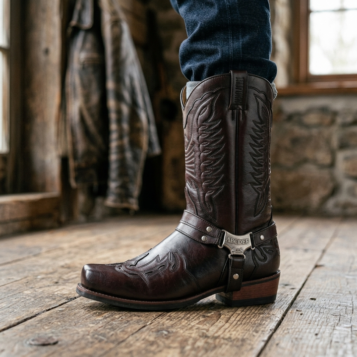 Full view of men's versatile square toe harness boots, perfect blend of classic cowboy and modern style.