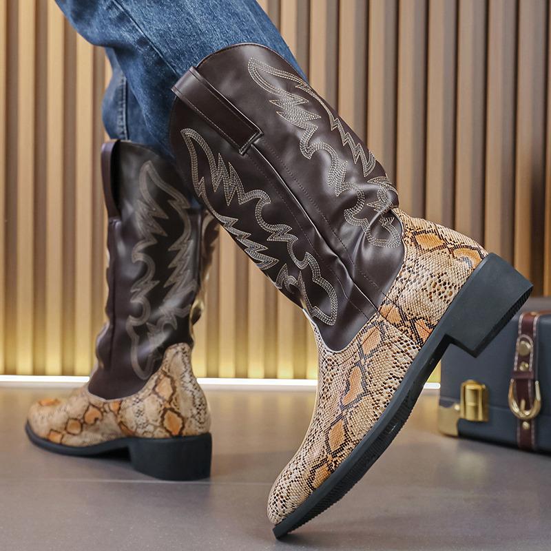 Stylish men's mid-calf Western boots, pull-on design with stable heel for comfortable, all-day wear.