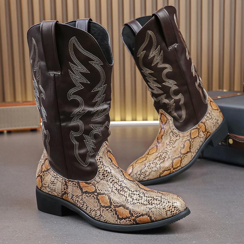 Durable men's snake texture cowboy boots, pointed toe, and convenient pull tabs for easy wear.