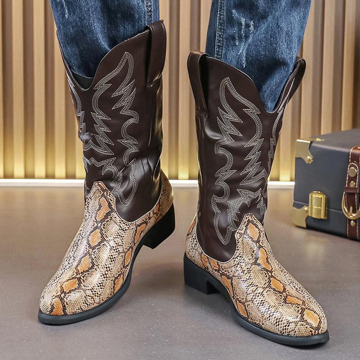Classic men's Western pull-on boots, mid-calf height, perfect for casual or fashion versatile footwear.
