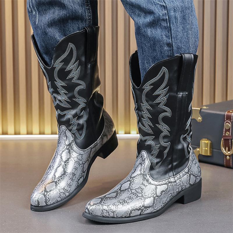 Unique snake texture men's cowboy boots, mid-calf design, featuring easy pull tabs and pointed toe.