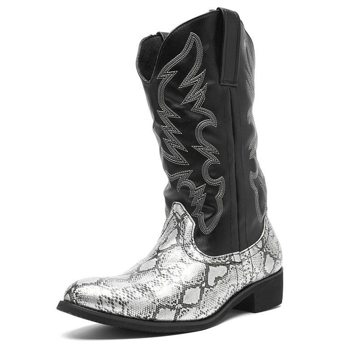Versatile men's pull-on cowboy boots, pointed toe, mid-calf, with stable heel & distinctive snake texture.