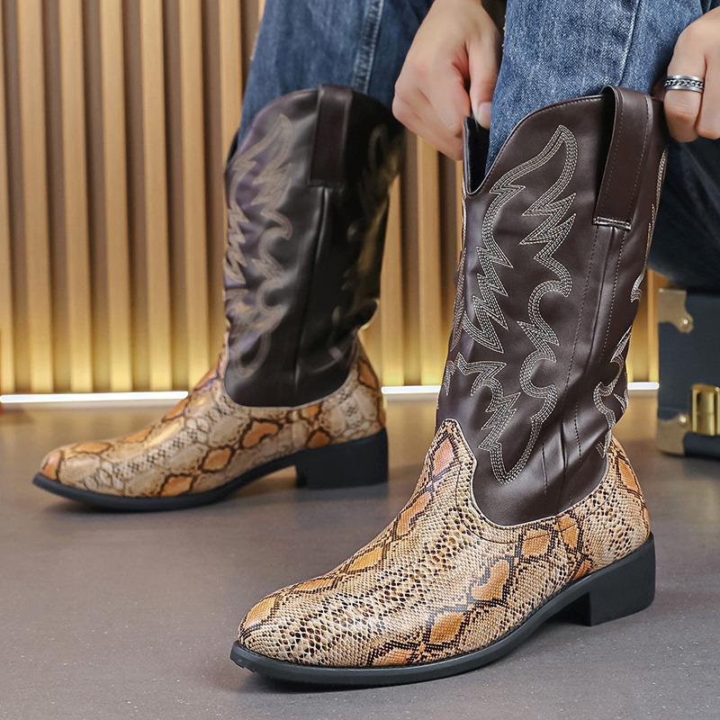Men's Western cowboy boots with easy pull tabs, pointed toe, and snake texture for versatile style.