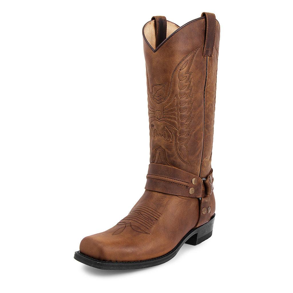 Durable leather men's western boots, square toe, classic stitched shaft, pull-on for country style.
