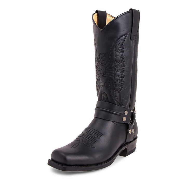 Durable men's square toe western boots, comfortable low heel, stylish stitched shaft for lasting wear.