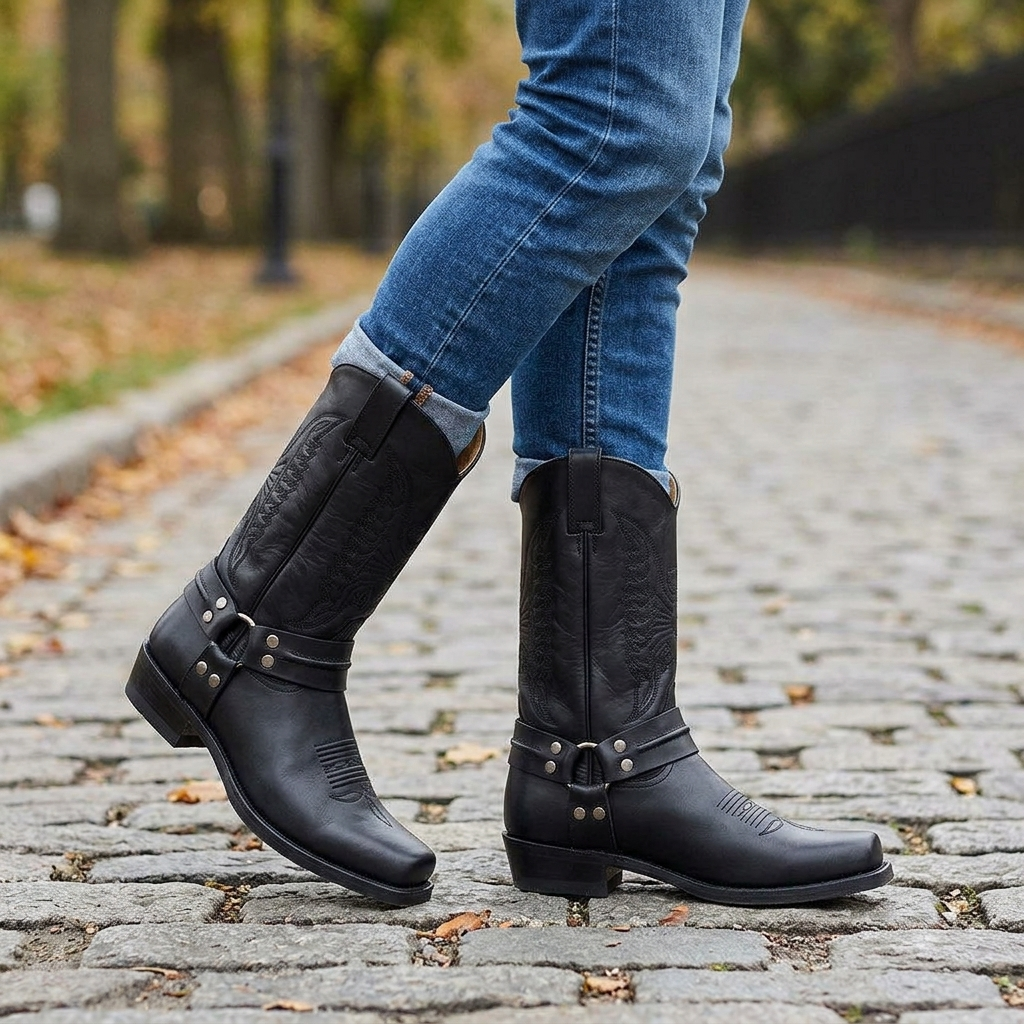 Stylish men's square toe cowboy boots, distinct stitched western shaft, pull-on, low heel for all-day comfort.