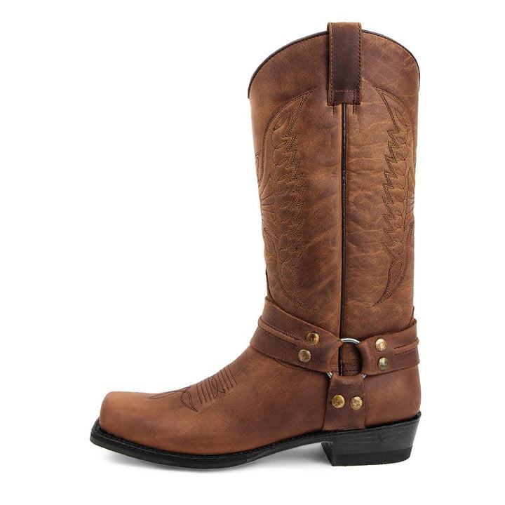 Men's square toe cowboy boots with intricate stitched shaft, authentic western style for durable wear.