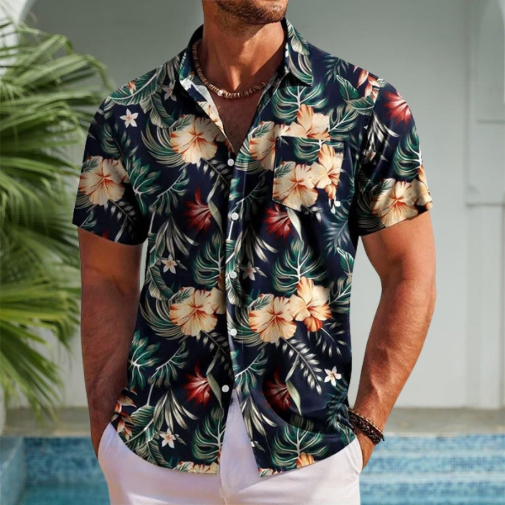 Stylish men's short-sleeve Hawaiian shirt with a vibrant floral print. Ideal for summer fashion, beachwear, and vacations.