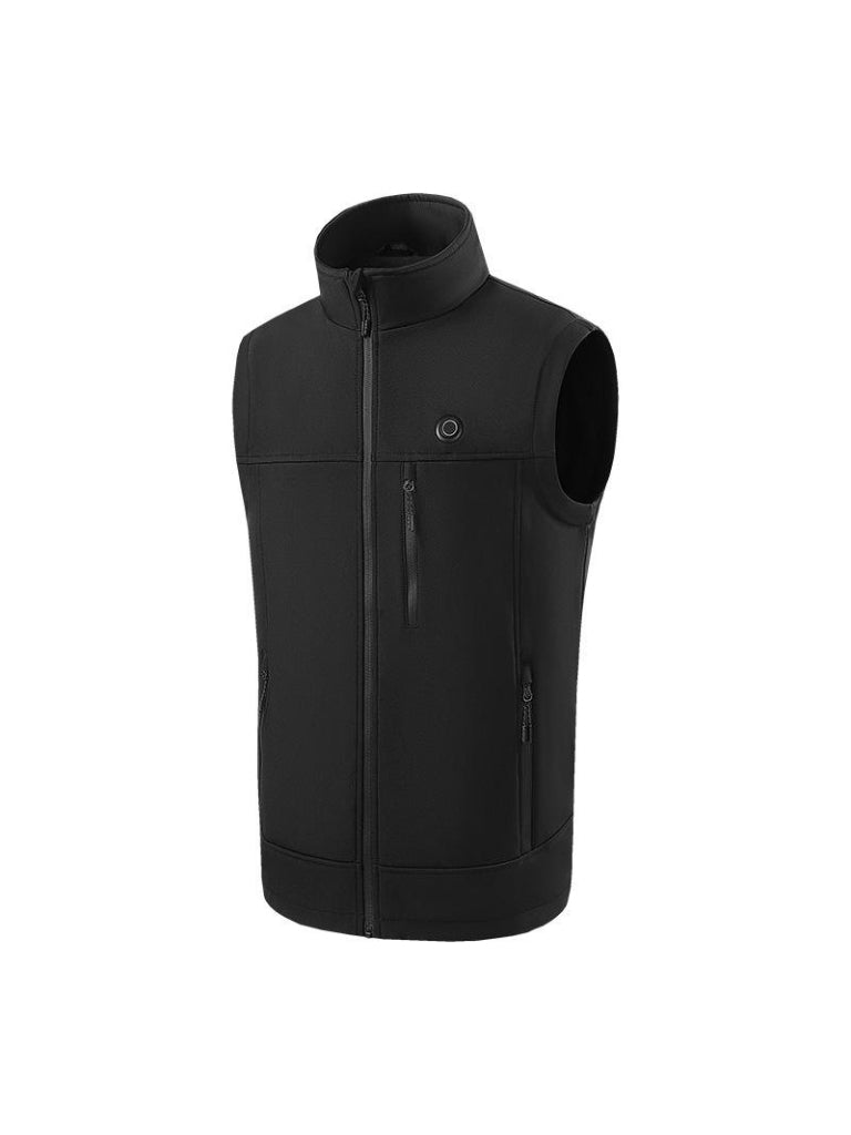 Man wearing a sleek black heated vest with stand collar & zip front. Perfect for thermal warmth in winter.