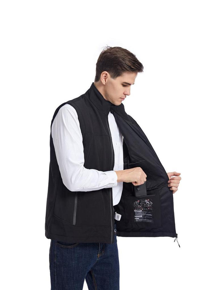 Layered men's thermal heated vest. Features a stylish stand collar & convenient full zip front for cold.