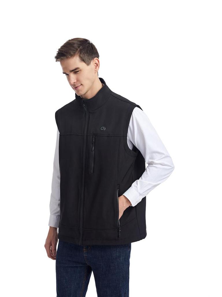 Close-up of men's heated vest showing stand collar & full zip. Designed for superior cold weather protection.