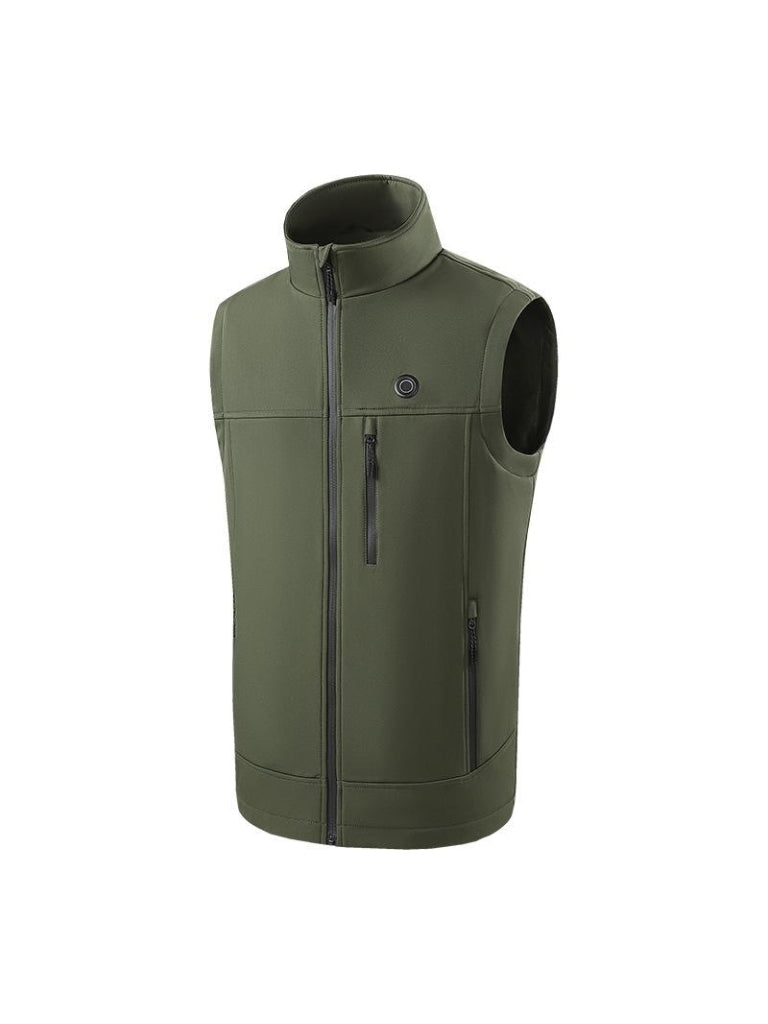 USB powered men's outerwear: a heated vest with stand collar & full zip. Enjoy adjustable warmth on the go.