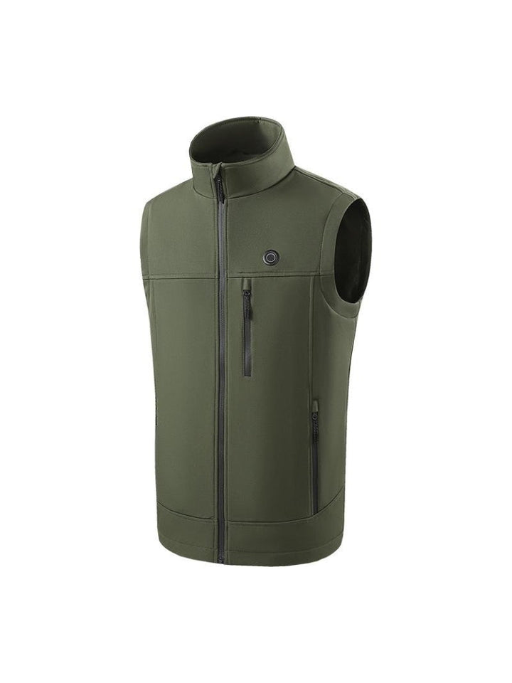 USB powered men's outerwear: a heated vest with stand collar & full zip. Enjoy adjustable warmth on the go.