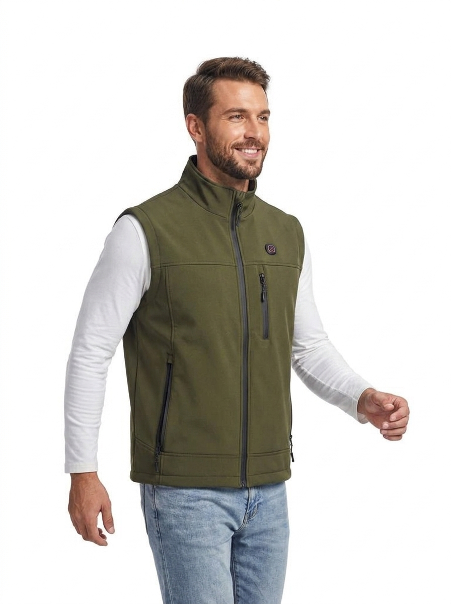 Durable men's heated vest, perfect cold weather gear. Features stand collar & full zip for lasting outdoor warmth.
