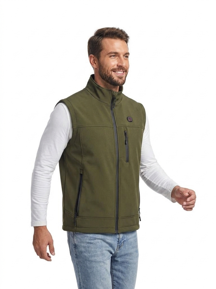 Durable men's heated vest, perfect cold weather gear. Features stand collar & full zip for lasting outdoor warmth.