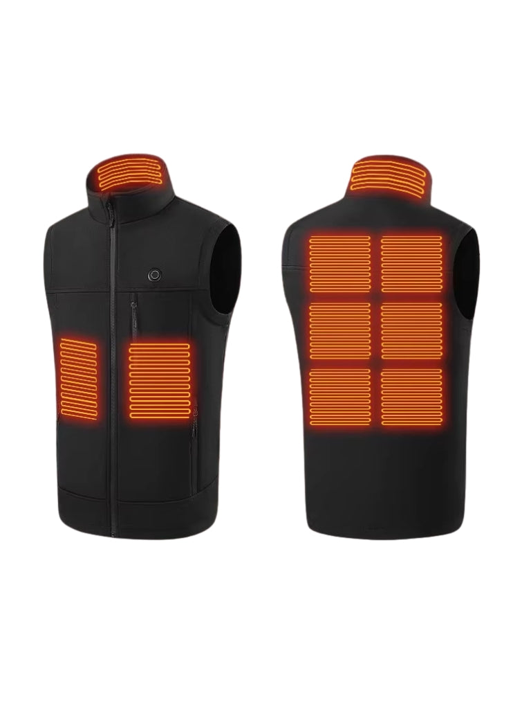 Men's heated vest with stand collar, full zip. Ideal for outdoor warmth & cold weather. USB powered.