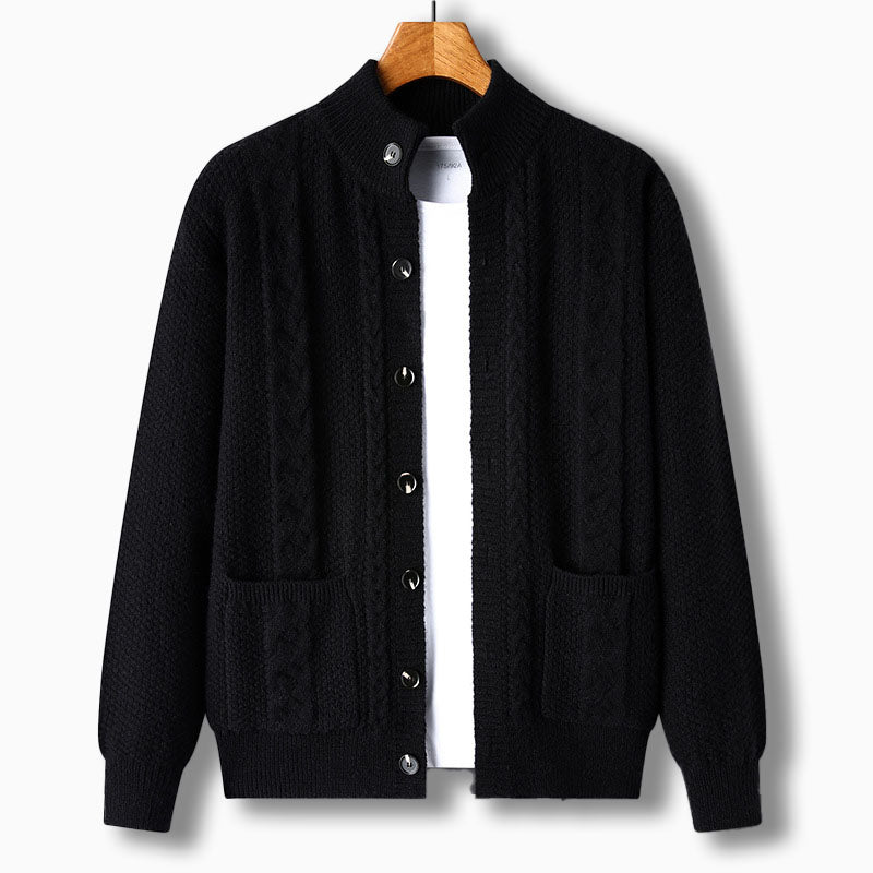 Layering men's cable knit cardigan with stand collar. Button front adds warmth to fall & winter looks.