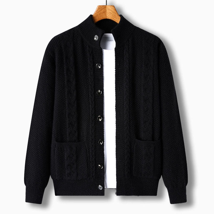 Layering men's cable knit cardigan with stand collar. Button front adds warmth to fall & winter looks.