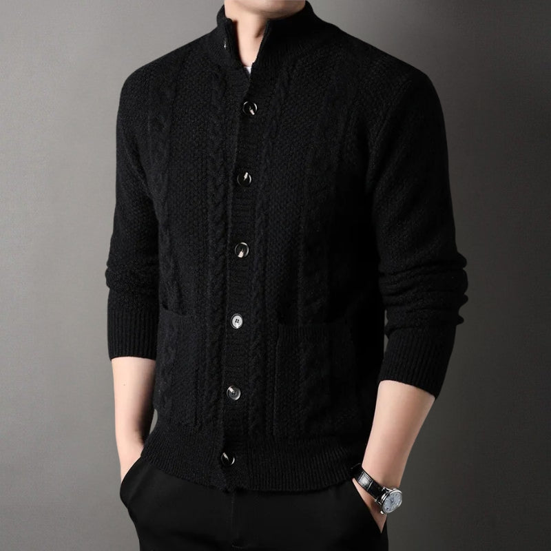 Men's cable knit cardigan, stand collar style. Button-front design for versatile fall/winter wear & comfort.