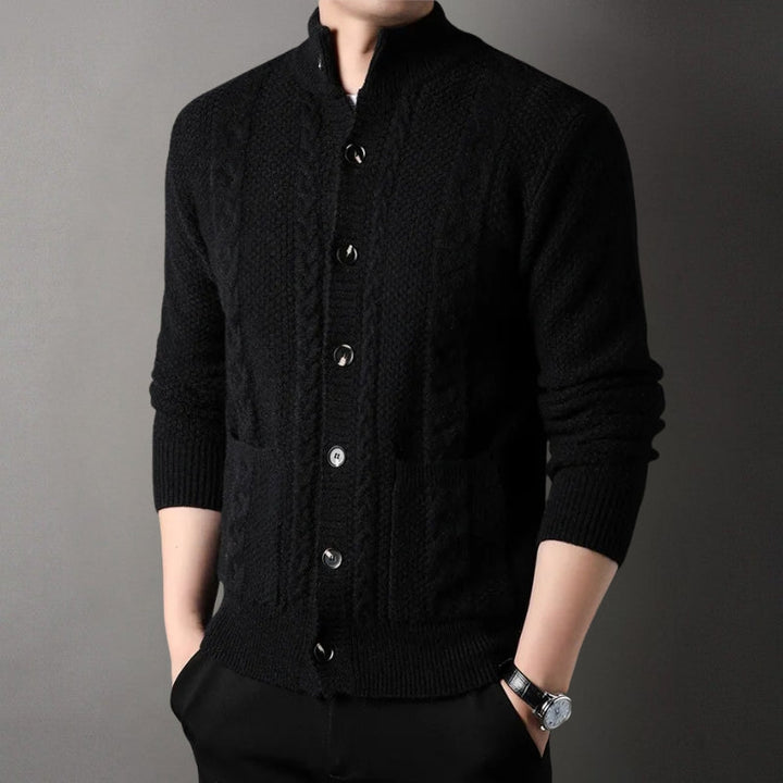 Men's cable knit cardigan, stand collar style. Button-front design for versatile fall/winter wear & comfort.