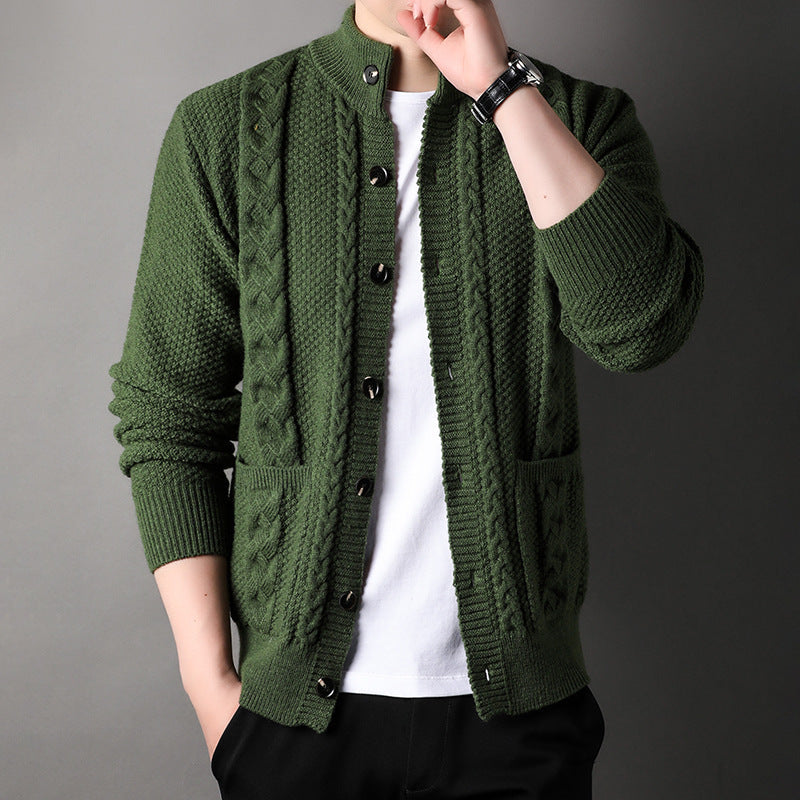 Smart casual men's cable knit cardigan with stand collar. Ideal for layering in fall & winter fashion outfits.