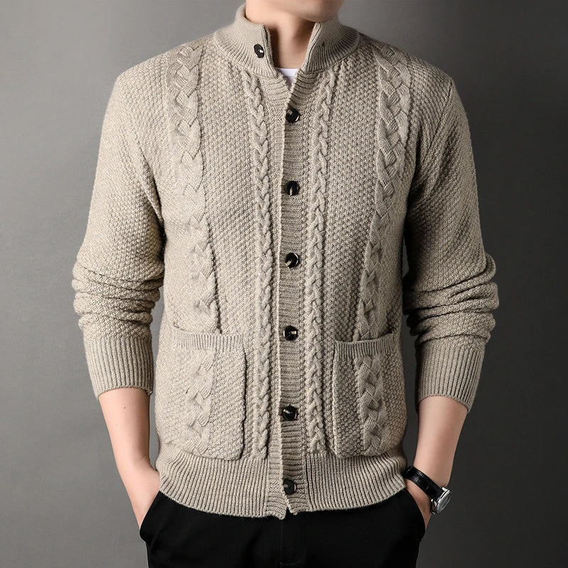 Versatile men's cable knit cardigan, stand collar. Easy layering for casual & smart casual fall/winter looks.