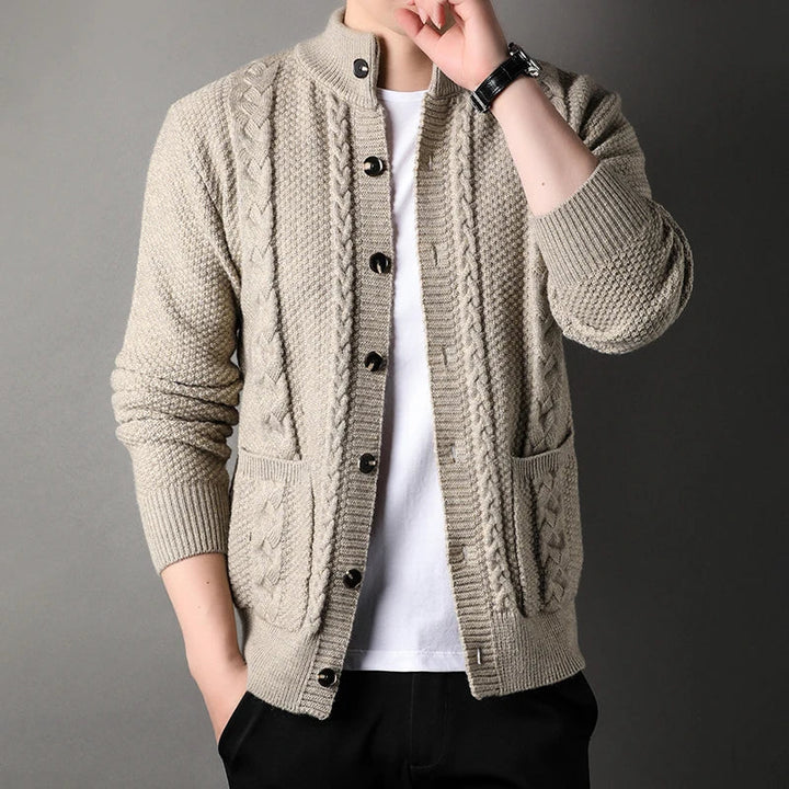Fall men's cable knit cardigan, stand collar. Cozy button-front for stylish winter layering & cool weather.