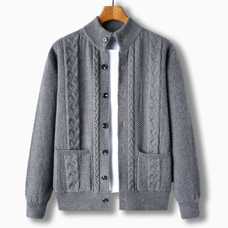 Men's classic cable knit cardigan, stand collar, button closure. Essential for cold weather layering.