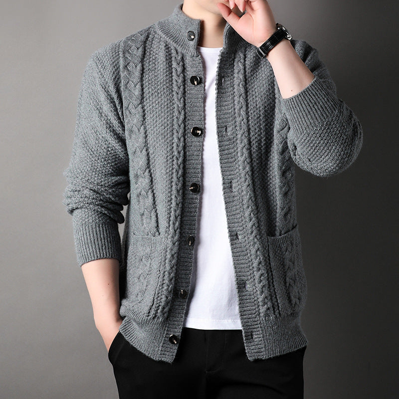 Men's stand collar cable knit cardigan. Button front for cozy fall & winter layering, casual comfort.
