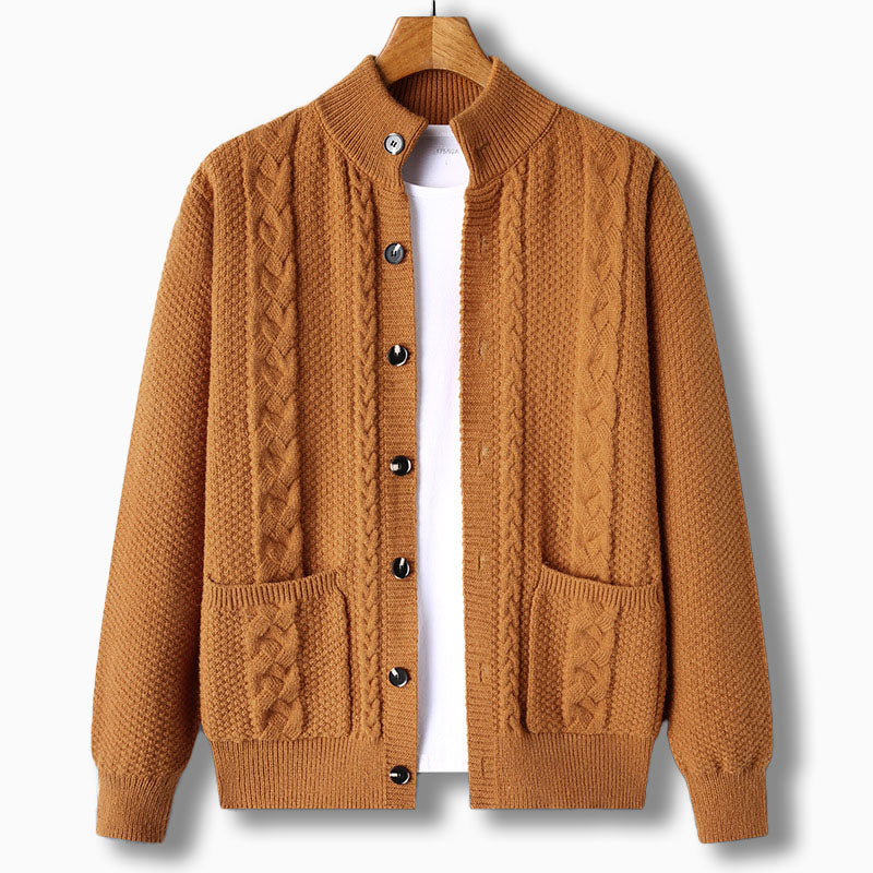 Comfortable men's cable knit cardigan, stand collar. Soft knit ideal for cold weather & smart casual layering.