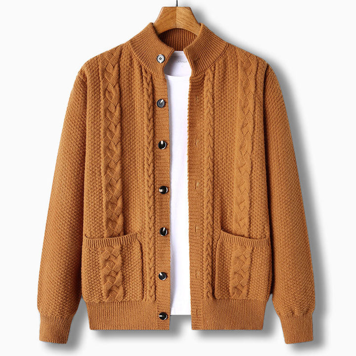 Comfortable men's cable knit cardigan, stand collar. Soft knit ideal for cold weather & smart casual layering.