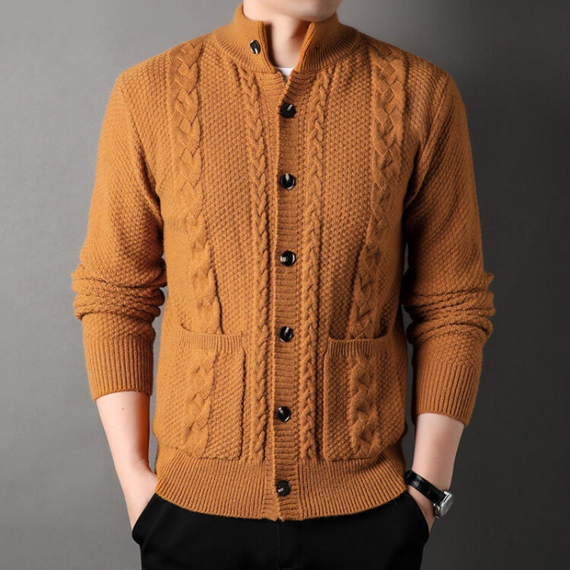 Stylish men's cable knit cardigan, stand collar. Premium knit design for smart casual fall/winter outfits.