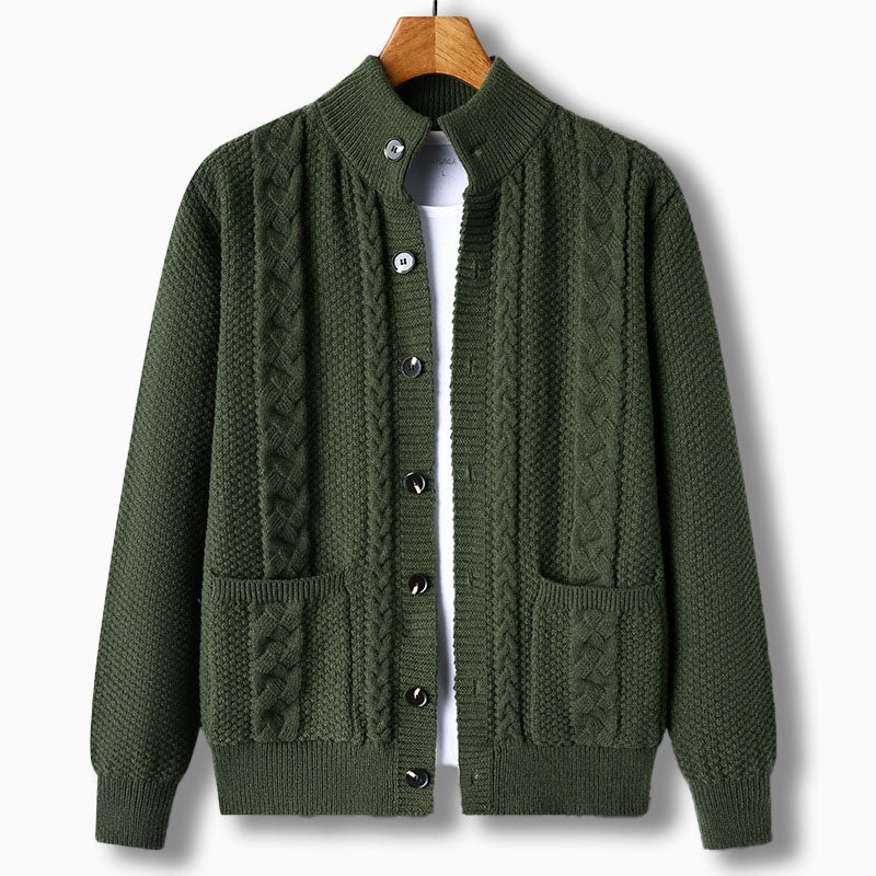Men's cable knit cardigan, stand collar & button front. Perfect for fall/winter layering & casual style.