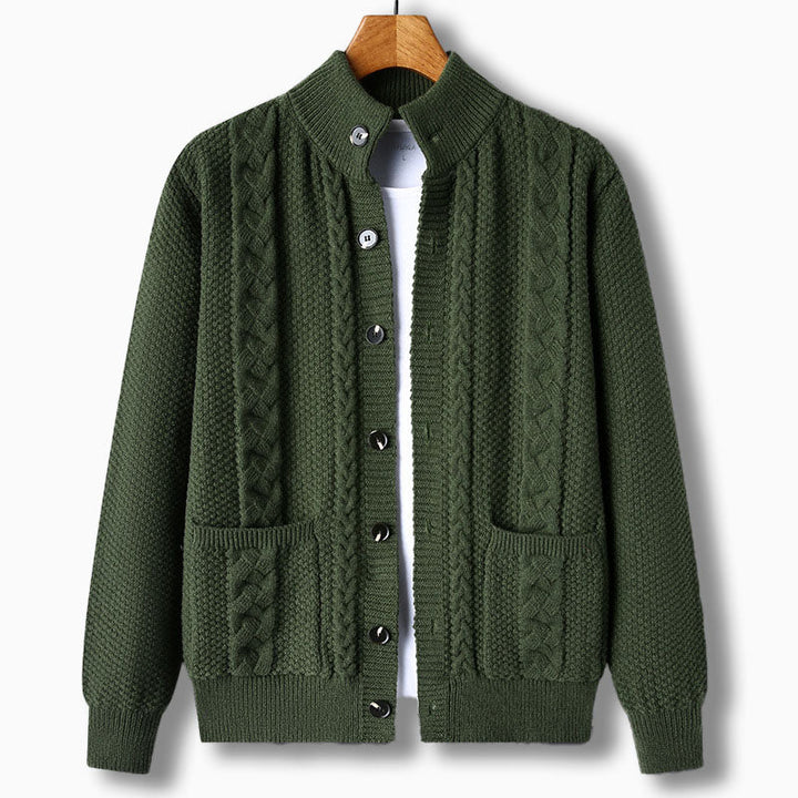 Men's cable knit cardigan, stand collar & button front. Perfect for fall/winter layering & casual style.